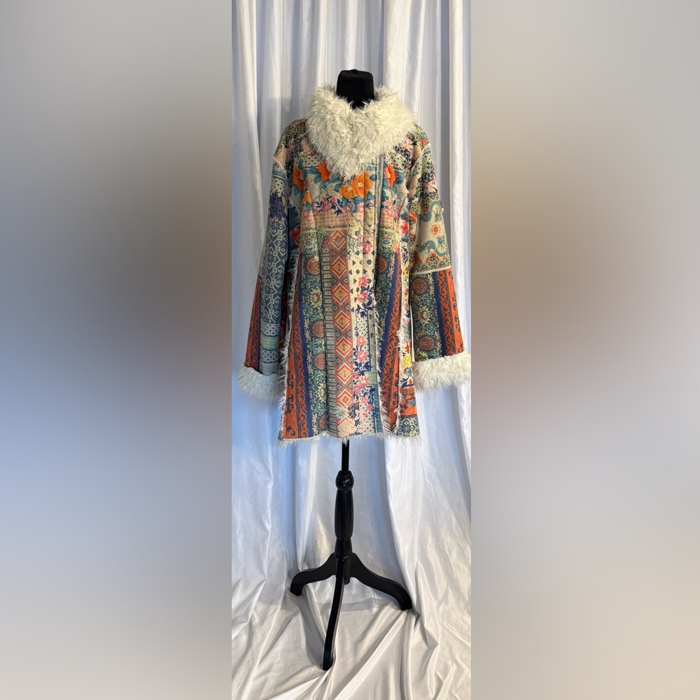 Johnny Was Multicolor Drammen Suede Coat with Faux Fur Trim